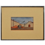 SANTA ROSA (João Pessoa, Paraíba, 1909 - Nova Délhi, Índia, 1956)  Guindaste. Aquarela s/ papel. Ass cid. 10 x 18 cm (MI). 28 x 30 cm (ME). Retrata uma paisagem urbana ou industrial minimalista, destacando construções simples e um guindaste em tons terrosos e azulados. Ilustrador, artista gráfico, cenógrafo, pintor, decorador, figurinista, gravador, professor e crítico.