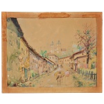 "Cidade do Interior", com casario histórico típico de vilas coloniais brasileiras e uma figura caminhando com um animal de carga na rua. Aquarela s/ cartão. Ass. cid. 35 x 44 cm (MI). Envelhecimento e oxidação característicos do papel ao longo do tempo.