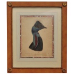 Representação de Casuarius picticollis (conhecido como casuar-de-pescoço-pintado ou anão. Ilustração de cabeça e do pescoço de uma ave exótica com plumagem colorida. Gravura Aquarelada. Obra ilustrada e litografada por John Gerrard Keulemans e impressa pela Mintern Brothers. 28 x 23 cm (MI). 52 x 44 cm (ME).Emoldurada em madeira com detalhes ornamentais entalhados nos quatro cantos