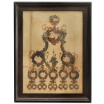 PEÇA ÚNICA E RARA - Manuscrito iluminado, aquarelado à mão sobre papel, aparentando um elaborado diagrama teológico, filosófico ou místico em forma de árvore, tendo ao centro uma pequena figura humana sobre um pedestal cercada por decoração no estilo barroco/rococó. Texto escrito em latim abreviado medieval/renascentista, que pela aparência tipográfica, não aparenta um latim clássico comum e sim um manuscrito erudito com forte uso de abreviações, próprias de manuscritos latinos dos séculos XVII - XVIII. 38 x 28 cm (MI). 47 x 37 cm (ME).Documento de rara beleza, que, apesar da idade, está em muito bom estado de conservação, ressalvadas algumas marcas de dobras, pequenos restauros e algum amarelecimento do papel pelo tempo. Emoldurado em madeira escurecida.