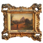 GERMANO NEVES (Escola Portuguesa) - Paisagem com Figura Humana ao entardecer, possivelmente retratando uma região do litoral fluminense (como Santa Rosa, em Niterói). Óleo s/ madeira. 13 x 16 cm (MI). 25 x 27 cm (ME). Apresenta placa de Identificação com nome do artista e as inscrições RJ. Séc XIX/XX. Moldura em madeira dourada entalhada com pequenos bicados.