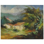 BERNARDELI  Paisagem Rural com um Casario de telhados avermelhados ao pé de Montanhas e Vegetação em tons de verde, amarelo e marrom. Óleo s/ madeira. Ass. cid. 38 x 46 cm. Obra sem moldura.