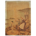 G. WERNER - À Espera dos Barcos. Óleo s/ madeira. Ass. e datado 1911 no verso. 33 x 23 cm. O monograma ou iniciais "G. Werner" vêm acompanhados do ano de execução "1911" gravados ou pintados sobre a camada pictórica ou suporte da obra. Retrata mulheres e crianças de famílias de pescadores aguardando na praia o retorno dos barcos da faina do mar. Obra sem moldura.