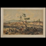 06-1101Batalha de Churubusco. Litografia colorida à mão. Obra criada por Adolphe-Jean-Baptiste Bayot com base em um trabalho do artista alemão Carl Nebel, publicada em 1851 na obra de George Wilkins Kendall sobre a Guerra Mexicano-Americana. 33 x 48 cm O destaque central é uma árvore solitária em meio ao campo de batalha, com tropas engajadas em combate e cavaleiros a cavalo ao redor. A estampa faz parte de uma famosa série de litografias documentando as campanhas do exército dos Estados Unidos no México.