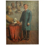 Alegoria dos Grandes Escritores Portugueses. Óleo s/ tela. 96 x 72 cm. Apresenta um homem em primeiro plano vestindo um casaco comprido azul-esverdeado ao lado de uma mesa com uma estatueta e livros, enquanto o fundo exibe composições com rostos de outras figuras masculinas em tons desbotados.