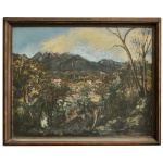 J. A. DA FONSECA JR. - Alto de Teresópolis. Óleo s/ tela. Ass. e datado cid. Ass, Titulado e datado 1948, no verso. 66 x 82 cm (MI). 75 x 91 cm (ME). Paisagem serrana com vegetação densa em primeiro plano, casebres ao fundo e uma cadeia de montanhas recortando o horizonte sob um céu parcialmente nublado.
