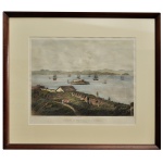 "Panorama de Nictherohy et St. Domingue en face de Rio de Janeiro". Litografia aquarelada. Criada por volta de 1860 a partir de registros do fotógrafo francês Victor Frond e impressa pela oficina de Lemercier, em Paris. 40 x 50 cm (MI). 64 x 74 cm (ME).