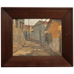 HUGO JOSÉ BENEDETTI (São Paulo, 19131977)  Ladeira Urbana com Casario e uma Figura em destaque ao fundo. Óleo s/ madeira. Ass. e datado 1943, cie. 27 x 35 cm (MI). 41 x 50 cm (ME). Emoldurada em madeira escura. Pintor brasileiro radicado em Piracicaba. Realizou exposições individuais e produziu paisagens e cenas urbanas, como registros do Rio de Janeiro
