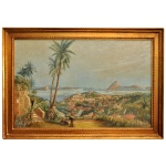 Pintor Viajante do século XIX - Vista Panorâmica da Baía de Guanabara, da Igreja da Glória e do Catete no Rio de Janeiro Óleo s/ tela. 60 x 91 cm (MI). 72 x 105 cm (ME). Apresenta vegetação tropical em primeiro plano à esquerda, encostas com construções coloniais e figuras típicas da época.