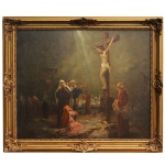 FÉLIX FRANÇOIS GEORGES PHILIBERT ZIEM (França, 1821 - França / Île-de-France, Paris 1911) Atribuído - Crucificação de Cristo. Óleo s/ tela. Ass. e datado  1840, cid. 48 x 50 cm (MI). 60 x 72 cm (ME). Pintor francês da Escola Barbizon.