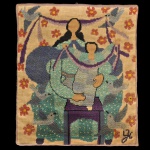 Tapeçaria de parede bordada à mão retratando de forma estilizada uma figura materna com um menino, emoldurada por flores e pássaros. Ass. Gi. 78 x 70 cm.