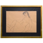 ANDRE DENIS (São Paulo, 1906-1978) - Nu. Desenho s/ papel. Ass. cid. 31 x 33 cm (MI). 47 x 59 cm (ME). Foi apresentado ao publico em 1959 pelo crítico Geraldo Ferraz. Encontramos no mercado algumas esculturas e desenhos do artista.