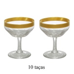 Conjunto com 10 taças baixa para champagne em cristal translucido. Bojo em formato arredondado com cortes que lembram pétalas e uma faixa dourada decorada com roscas barrocas.com borda dourada. 8 x 7 cm.