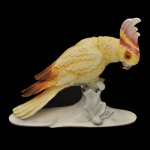 HERTWIG KATZHÜTTE (Thüringen, Alemanha) - Estatueta em porcelana alemã policromada e esmaltada retratando cacatua amarela e alaranjada pousada sobre um tronco apoiado em base ovalada com detalhes de folhas. No verso marca da manufatura usada principalmente entre 1914 e 1945 e o número do modelo. 33 x 38 x 12 cm.