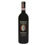 Baroncini II Bosso Brunello di Montalcino DOCG. Vinho tinto italiano da Toscana. Rótulo preto com o brasão central e os dizeres da denominação de origem controlada e garantida da região da Toscana.