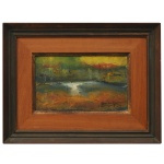 José de Dome  Paisagem com Lago sob Vegetação Difusa. . Óleo s/ tela. Ass cid. Ass, localizado e datado Cabo Frio, 73, no verso. 16 x 27 cm (MI). 34 x 45 cm (ME). Retrata uma paisagem em tons terrosos, destacando um lago central sob vegetação difusa, emoldurada por uma caixa de madeira em tons avermelhados e marrons.