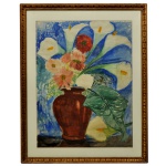 YVONNE VISCONTI CAVALLEIRO (Paris, França, 1901  Rio de Janeiro, 1965)   Vaso Marrom com Copos de leite sobre um fundo azul vibrante. Gravura. Ass. cid. 60 x 46 cm (MI). 76 x 60 cm (ME).