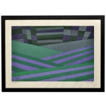 ALDIR MENDES DE SOUZA  Composição  geométrica de paisagem com faixas em tons de verde e roxo. Gravura. P.A XVIII/XX. Ass. e datado 1982, cie. 50 x 70 cm (MI). 55 x 75 cm (ME). Obra sem vidro.