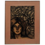 FARNESE DE ANDRADE (Araguari, Minas Gerais, 1926  Rio de Janeiro, 1996) - Rosto de uma Mulher em tons terrosos, emoldurado por um fundo decorativo denso com folhagens estilizadas. Gravura. Ass. cid. 70 x 70 cm (MI). 92 x 72 cm (ME).