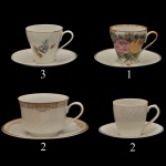 Lote constando de 8 xícaras de manufaturas nacionais diferentes  com decoração variadas. sendo: 2 xícaras p/ chá  da (17 x 8.5 cm / 14 cm (pires) 1 com bicado) e 6 xícaras para café com seus pires (6 x 6 cm / 10 cm (pires) e (8 x 6 cm / 10 cm (pires). Porcelana nacional Schmidt e Real.