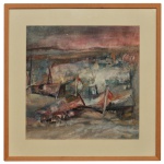 NUR  Assinatura identificada com Iniciais - Composição de barcos e paisagens costeiras, com paleta de cores terrosas sob um céu avermelhado. Óleo s/ tela. 46 x 46 cm (MI). 64 x 64 cm (MT).
