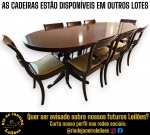 MESA DE JANTAR EXECUTADA EM MADEIRA NOBRE, TAMPO OVAL, APRESENTANDO DUPLA BASE ROBUSTA, ESTILO COLUNA, FINAMENTE TORNEADA EM FORMATO DE BALAÚSTRE EM PERNAS ARQUEADAS E RECURVAS, DETALHADAS COM TERMINAÇÕES ENTALHADAS QUE SE ASSEMELHAM A PATAS DE LEÃO, MEDINDO 78,5 X 200 X 95 CM. APRESENTA MARCAS DO TEMPO, USO, DESGASTES E/OU PEQUENAS IMPERFEIÇÕES COMPATÍVEIS COM SUA UTILIZAÇÃO E ESTADO DE CONSERVAÇÃO, CONFORME FOTOS EXTRAS. INFORMAMOS AINDA QUE NÃO REALIZAMOS EMBALAGEM DE MÓVEIS, SENDO A RETIRADA, ACONDICIONAMENTO, PROTEÇÃO E TRANSPORTE DE TOTAL RESPONSABILIDADE DO ARREMATANTE E/OU TRANSPORTADOR CONTRATADO. ESCLAREÇA TODAS AS DÚVIDAS ANTES DE EFETUAR SEU LANCE, QUE SERÁ CONSIDERADO IRREVOGÁVEL E IRRETRATÁVEL. CONSULTE PREVIAMENTE OS TERMOS E CONDIÇÕES DISPONÍVEIS NO SITE. CONTATO (21) 98264-3000.