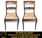 CONJUNTO DE CADEIRAS EXECUTADAS EM MADEIRA NOBRE, APRESENTANDO ENCOSTO ANATÔMICO CURVO E VAZADO COM RICO ENTALHE REPRESENTANDO DOIS CISNES ENTRELAÇADOS POR ELEMENTO CENTRAL EM FORMA DE CONCHA, ASSENTO ESTOFADO REVESTIDO EM TECIDO, COR BEGE, PROTEGIDOS PO CAPA PLÁSTICA, PÉS DIANTEIROS E TRASEIROS LEVEMENTE SABRE, COMPOSTO POR DUAS PEÇAS, MEDINDO 84 X 45 X 50 CM CADA. APRESENTAM MARCAS DO TEMPO, USO, DESGASTES E/OU PEQUENAS IMPERFEIÇÕES COMPATÍVEIS COM SUA UTILIZAÇÃO E ESTADO DE CONSERVAÇÃO, DESTACANDO NECESSIDADE DE AJUSTE E COLAGEM NOS ASSENTOS, CONFORME FOTOS EXTRAS. INFORMAMOS AINDA QUE NÃO REALIZAMOS EMBALAGEM DE MÓVEIS, SENDO A RETIRADA, ACONDICIONAMENTO, PROTEÇÃO E TRANSPORTE DE TOTAL RESPONSABILIDADE DO ARREMATANTE E/OU TRANSPORTADOR CONTRATADO. ESCLAREÇA TODAS AS DÚVIDAS ANTES DE EFETUAR SEU LANCE, QUE SERÁ CONSIDERADO IRREVOGÁVEL E IRRETRATÁVEL. CONSULTE PREVIAMENTE OS TERMOS E CONDIÇÕES DISPONÍVEIS NO SITE. CONTATO (21) 98264-3000. ESTE LOTE COMBINA COM OS LOTES Nº 82, 174 E 298.