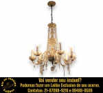 LUSTRE DE TETO PARA OITO LUMES, TIPO VELA, ESTILO MARIA THEREZA, ESTRUTURA EM CRISTAL E VIDRO, APRESENTA ESTRUTURA SUSPENSA POR CORRENTE METÁLICA, BRAÇOS CURVOS E TRANSLÚCIDOS, COLUNA VERTICAL REVESTIDA POR ELEMENTOS DE VIDRO TRABALHADO E CORRENTES DE CONTAS, PRATOS (ARANDELA INFERIOR DE CADA BRAÇO) COM DESENHOS LAPIDADOS EM LOSANGOS, PINGENTES COM LAPIDAÇÃO EM AMÊNDOAS, PRISMAS E CONTAS FACETADAS, MEDINDO 115 X 70 CM. NÃO FORAM TESTADOS ESTADO DE FUNCIONAMENTO, INTEGRIDADE E/OU FUNCIONALIDADES DO ITEM. TRATA-SE DE PEÇA ELETROELETRÔNICA USADA, SENDO QUE EVENTUAIS TESTES E VERIFICAÇÕES REALIZADOS DURANTE A CATALOGAÇÃO REFLETEM APENAS AS CONDIÇÕES OBSERVADAS NAQUELE MOMENTO, DESTACANDO OXIDAÇÃO E FALTA DE CONTAS E PINGENTES, CONFORME FOTOS EXTRAS. TODAVIA, MANUSEIO, TRANSPORTE, ARMAZENAMENTO E NOVA INSTALAÇÃO, NÃO OFERECEMOS QUALQUER TIPO DE GARANTIA DE FUNCIONAMENTO APÓS A RETIRADA E/OU ENTREGA, DEVENDO O ARREMATANTE CONSIDERAR TAIS CONDIÇÕES PREVIAMENTE À ARREMATAÇÃO. ESCLAREÇA TODAS AS DÚVIDAS ANTES DE EFETUAR SEU LANCE, QUE SERÁ CONSIDERADO IRREVOGÁVEL E IRRETRATÁVEL. CONSULTE PREVIAMENTE OS TERMOS E CONDIÇÕES DISPONÍVEIS NO SITE. CONTATO (21) 98264-3000. ESTE LOTE COMBINA COM OS LOTES Nº 93 E 355.