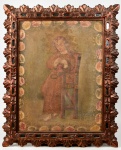 ESCOLA CUSQUENHA - Antiga pintura óleo sobre tela, representando Sagrado Coração de Jesus. Medidas da tela: 59 x 44cm; Medidas totais: 77 x 62cm.