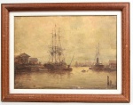 Pintor viajante, assinatura não reconhecida- OST representando "MARINHA COM BARCOS". Med: Moldura 31x40cm s/ 23x32cm