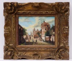 Escola Europeia  - Óleo sobre Eucatex representando casarios com moldura em patina dourada. (a) sem moldura med:20x24 cm (b) com moldura med:38x43 cm  ( Assinatura não identificada )
