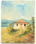 NELSON, 1979 - Óleo sobre tela, representando casario com paisagem. Assinado no canto inferior direito. Medidas: 24 x 19cm.