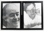 Lote constando 02 quadros decorativos representando VINICIUS DE MORAES/ TOM JOBIM. Med: 39x29cm (apresenta desgastes nas moldura)