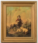 Assinatura não identificada - escola de Barbizon, óleo sobre metal, representando pastoreio. Medidas da tela: 27,5 x 23cm; Medidas totais: 37,5 x 33cm.
