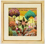 VAQUEIRO - Quadro Naif representando "COLHEITA". Moldura 18x18cm s/ 11x11cm (assinado CID 2020)