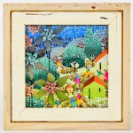 VAQUEIRO - Quadro Naif representando "COLHEITA". Moldura 18x18cm s/ 11x11cm (assinado CID 2020)(moldura no estado)(apresenta vestígios de cupim)