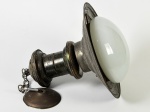 Antiga luminária de teto em metal, cúpula em vidro opalinado branco. Altura e diâmetro: 35 x 33cm.