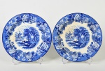 WOODS WARE - Par de pratos rasos em faiança inglesa esmaltada e vitrificada, com decoração fazendinha. Diâmetro: 23cm.
