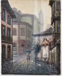 LAYON, 1989 - Óleo sobre tela, sem moldura, representando cenário urbano e personagens em clima chuvoso. Tela apresenta danos por líquido. Assinado e datado no canto inferior direito. Medidas: 49,5 x 40cm.