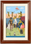 JOÃO PACHECO - Óleo sobre madeira, representando personagens femininas. Assinado no canto inferior direito. Medidas da tela: 40,5 x 20,5cm; Medidas totais: 56 x 41cm.