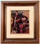 EUCLIDES SANTOS - Óleo sobre tela, representando mulheres carregando água. Assinado no canto inferior direito. Medidas da tela: 31 x 24,5cm. Medidas totais: 60 x 54cm.