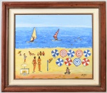 JOÃO PACHECO, 1985 - Óleo sobre tela, representando BANHISTA NA PRAIA", assinado no canto inferior direito. Medidas da tela: 45 x 54cm; Medidas totais: 64 x 73cm.