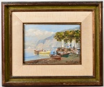 ANGELO CANNONE - Óleo sobre madeira, representando barcos e pescadores. Assinado no canto inferior direito. Medidas da tela: 18 x 26cm; Medidas totais: 40 x 47cm.