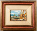 DANIEL FIGUEIREDO, 1986 - Óleo sobre tela, intitulado "LANÇAMENTO DE NAVIO". assinado no canto inferior esquerdo. Medidas da tela: 13 x 21cm; Medidas totais: 40 x 48cm.