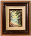 BENEDITTO LUIZ - Óleo sobre madeira, representando trilha em bosque, assinado no canto inferior direito. Medidas da tela: 21 x 15cm; Medidas totais: 42 x 37cm.