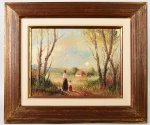 LATINI - Óleo sobre tela, representando mãe e filha em paisagem campestre. Assinado no canto inferior esquerdo. Medidas da tela: 26 x 34cm; Medidas totais: 47 x 55cm.