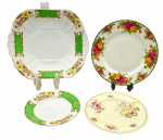 RADFORDS CROWN CHINA / ROYAL ALBERT BONE CHINA / ROYAL DOULTON BONE CHINA - 04 diferentes itens em porcelana inglesa, sendo: um prato para bolo e um prato de sobremesa da manufatura Radfords; um prato de sobremesa da manufatura Royal Albert; e um prato de sobremesa da manufatura Royal Doulton. Com diferentes padrões decorativos que incluem coloridos motivos florais, vegetalistas e geométricos, e detalhes em dourado. Medidas: 25 x 21 cm; 18 cm (diâm.). Parte da douração do prato para bolo está desvanecida. Pratos menores com riscos e manchas.