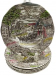 ENOCH WEDGWOOD (TUNSTALL) LTD., DICKENS COACHING DAYS -  Parte de serviço de jantar com 06 pratos fundos, em porcelana inglesa policromada, estampada com cenário de antigos vilarejos e carruagens tipicamente ingleses. Medidas: 22 cm (diâm.).