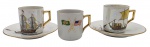03 xícaras de café, sendo duas com seus respectivos pires e adornadas com antigas embarcações à vela; e uma xícara sem pires, com as bandeiras do Brasil e dos EUA. Em porcelana multicolorida com detalhes em dourado. Medidas: 10 x 6 cm; 6 x 5 cm.