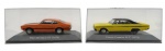 PLANETA DeAGOSTINI - COLEÇÃO CARROS INESQUECÍVEIS DO BRASIL - DODGE CHARGER R-T (1975) E FORD MAVERICK (1974) - Lote com 2 miniaturas em escala 1/43, feitos em ferro, interior em plástico e pneus de borracha. Possuem base com nome, proteção em acrílico e encarte informativo. Abrangendo os veículos que fizeram parte da vida de um grande número de cidadãos brasileiros, os modelos da coleção contemplam lançamentos da indústria automotiva dos anos de 50, 60, 70, 80 e 90.